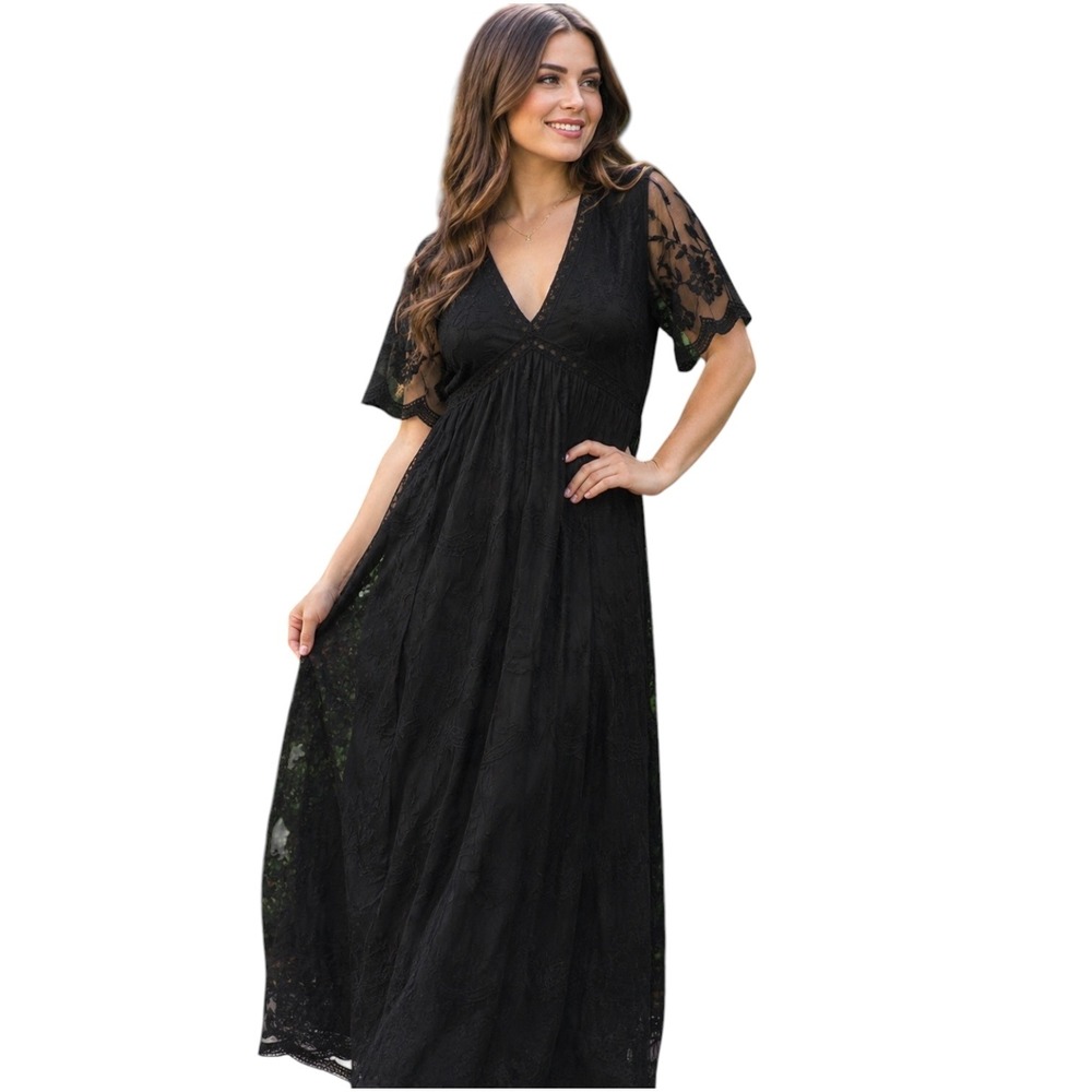 Honey Punch Black Floral Lace Maxi Dress V Neck Boho Sheer Size M Fairy Grunge